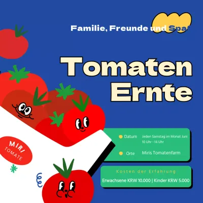 Rote Tomatenernte-Informationen auf blauem Hintergrund mit niedlichen Illustrationen