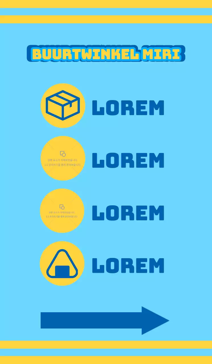 Buurtwinkel met blauwe en gele pictogrammen die verschillende diensten promoten