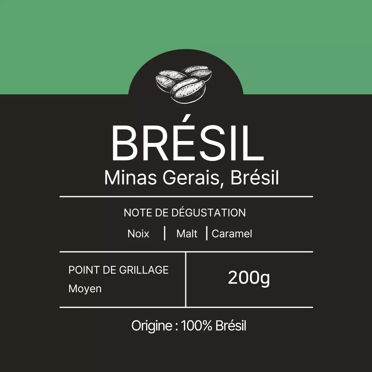 Étiquette illustrée verte pour les grains de café