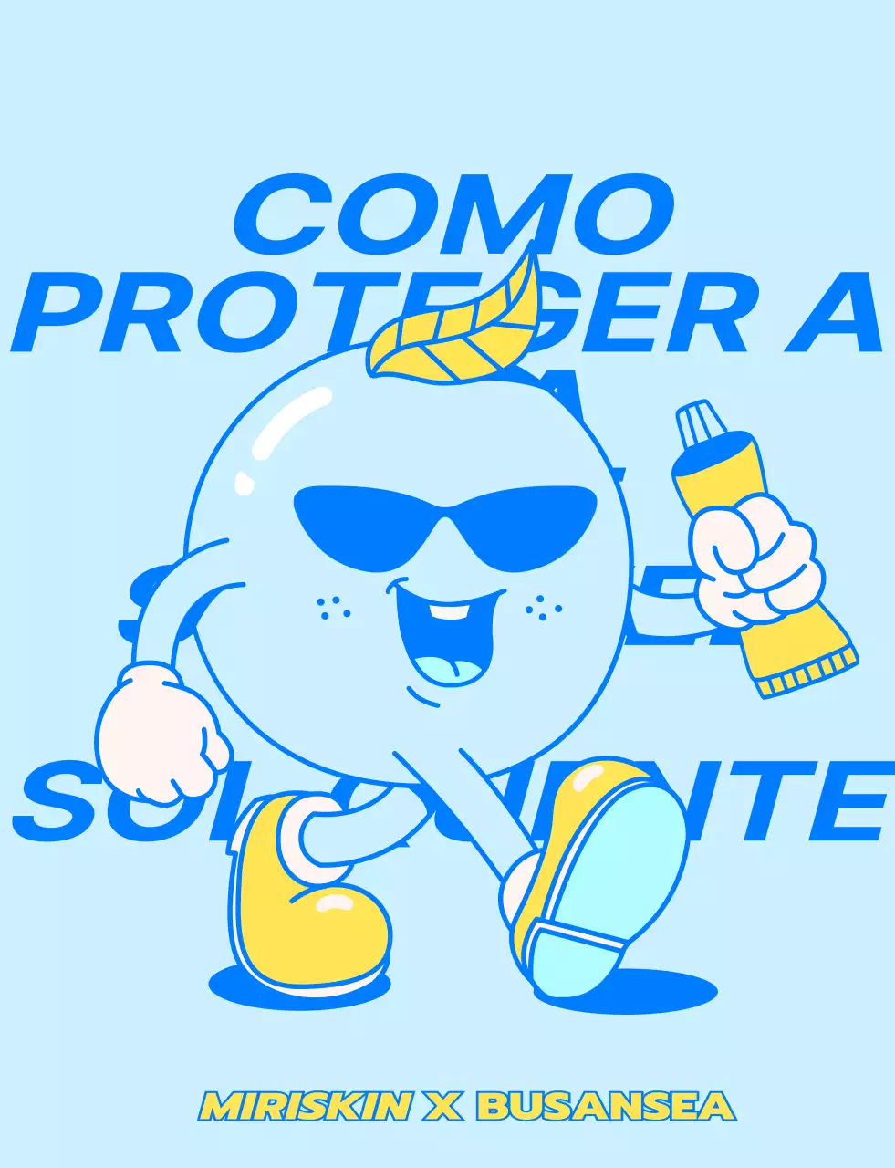 Design para o pessoal de uma loja pop-up de uma empresa de cosméticos com personagens ambulantes azuis e amarelas