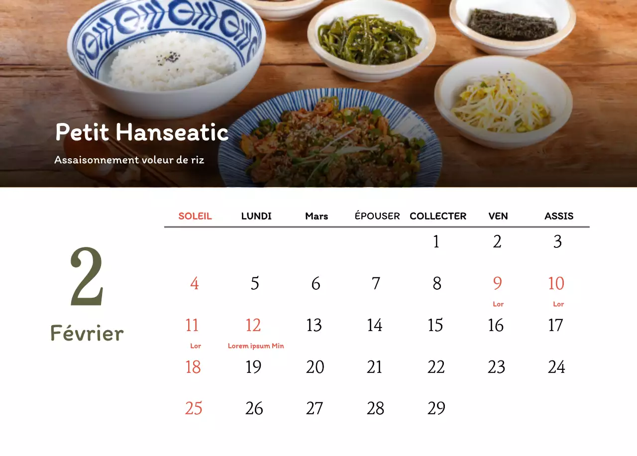 Calendrier des coupons de restaurants coréens traditionnels en beige et marron