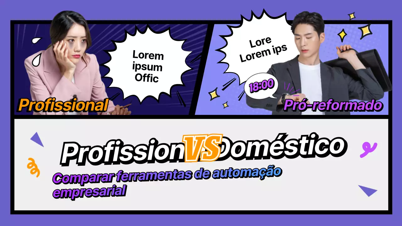 Miniatura do YouTube de uma ilustração de banda desenhada roxa que compara ferramentas de automatização empresarial.