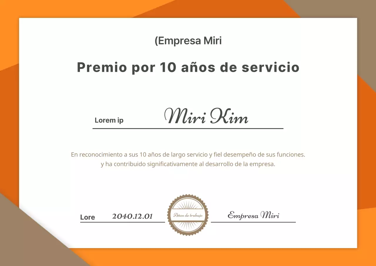 Premio a los 10 años de servicio con un concepto sencillo en dorado y naranja