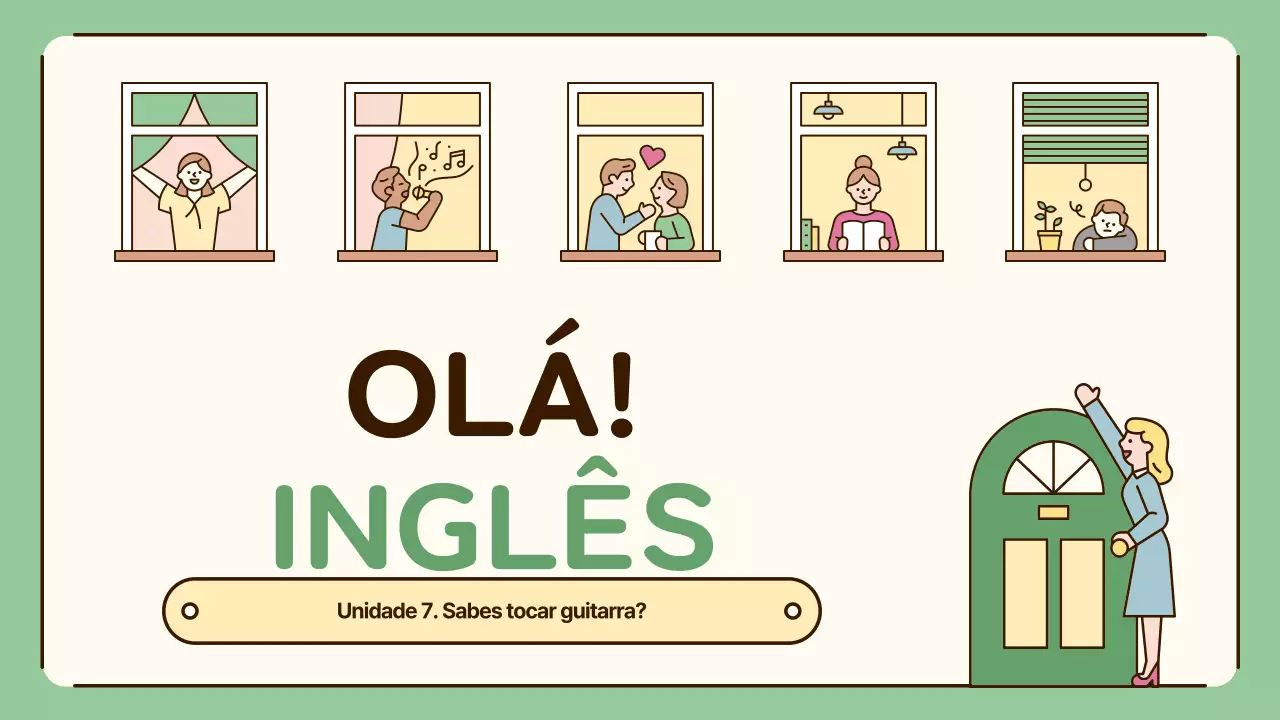 Lições de inglês com ilustrações giras em bege e verde