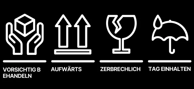 Einfaches Design mit schwarz-weißen Piktogrammen zur Warnung vor dem Versand