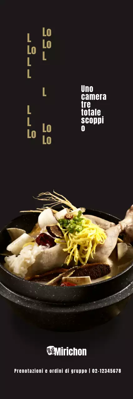 Promuovere un lussuoso menu samgyetang con un font calligrafico su sfondo nero