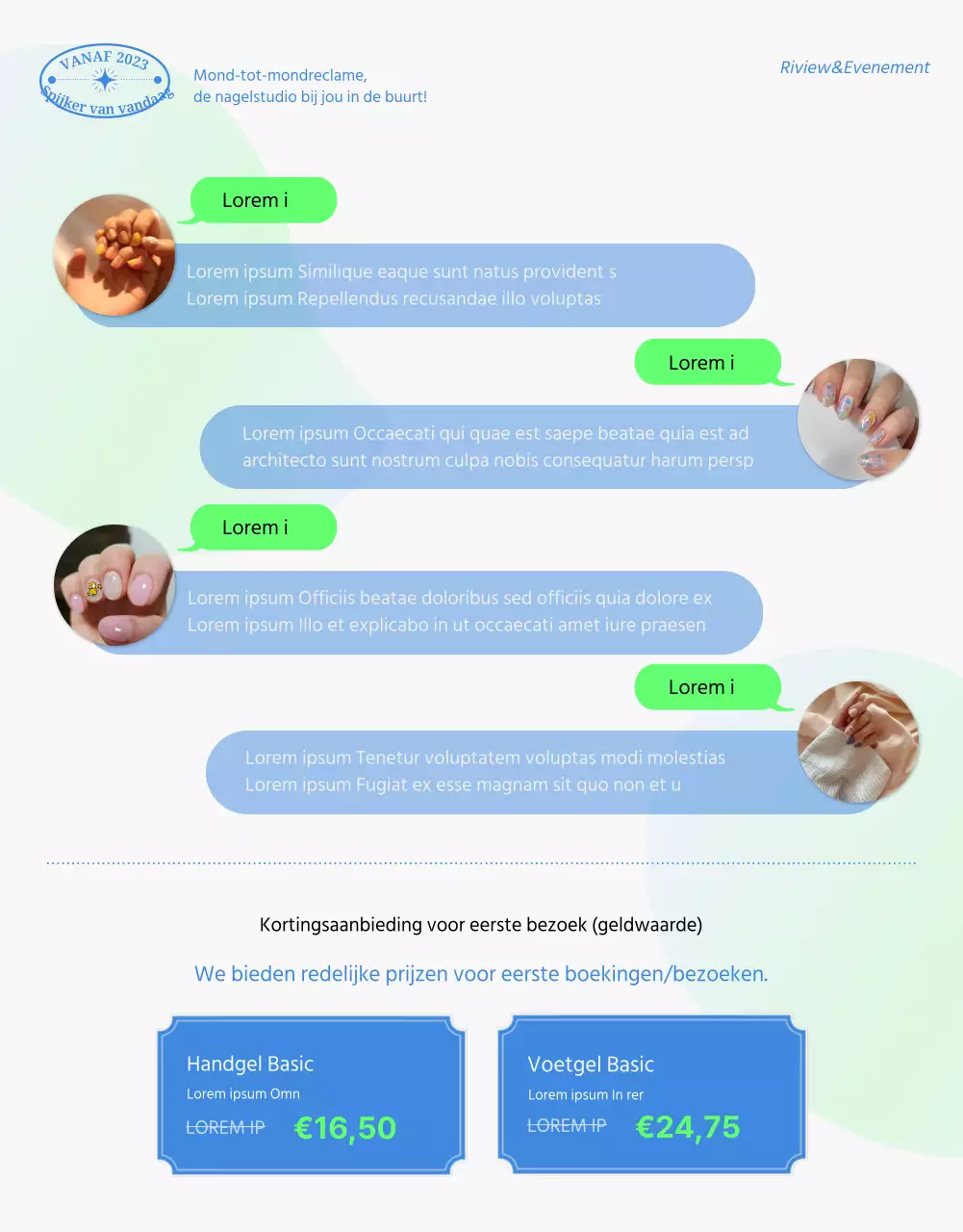 Promotiethema voor een nagelsalon met nette fotonagels in chartreuse en blauw