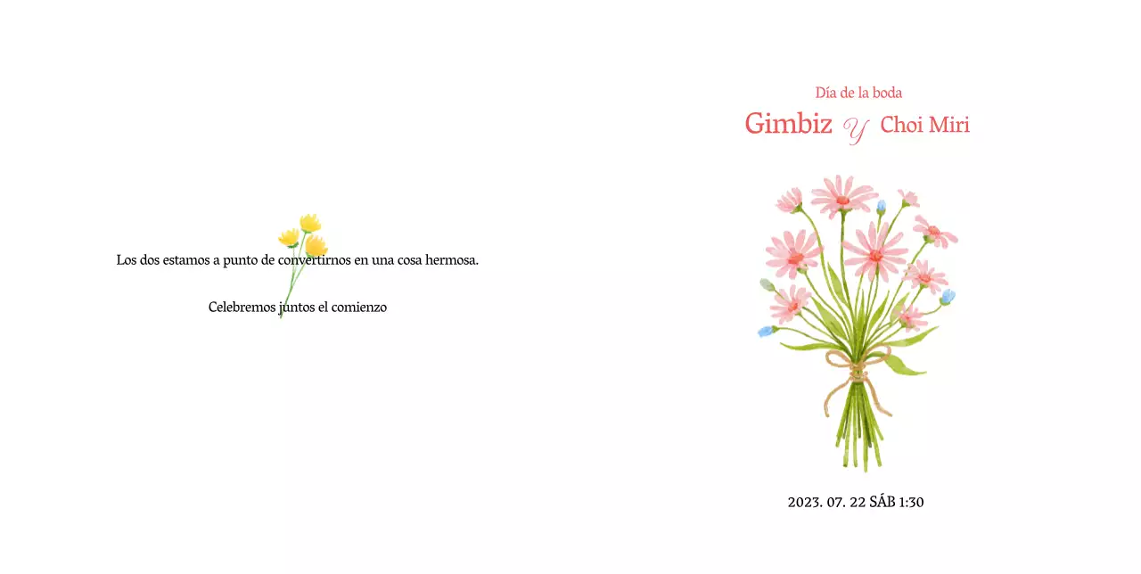 Invitación de boda sencilla con flores rosas sobre fondo blanco