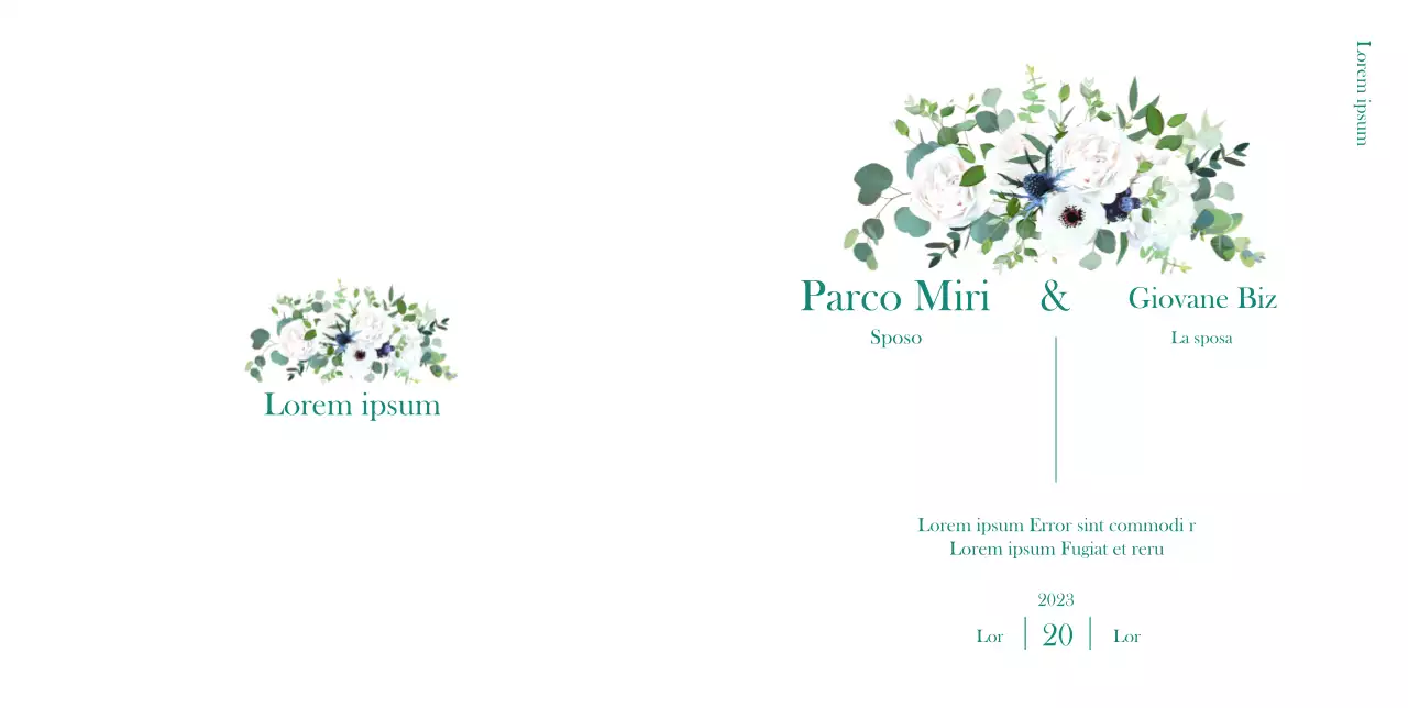 Una partecipazione di nozze pulita con un tocco di verde e bouquet