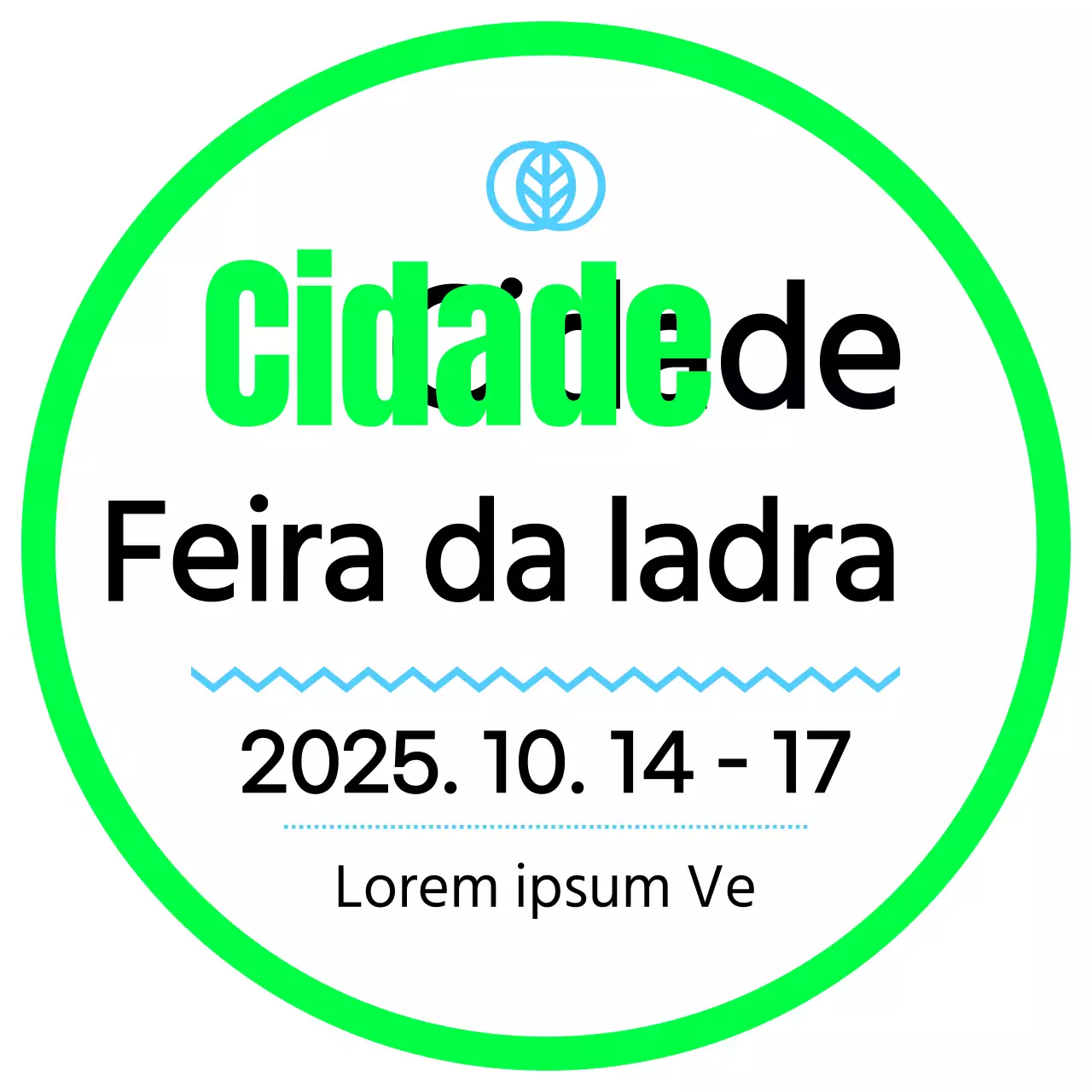Um cartaz promocional com um anúncio de feira da ladra em verde-celeste-preto e várias ilustrações de formas.