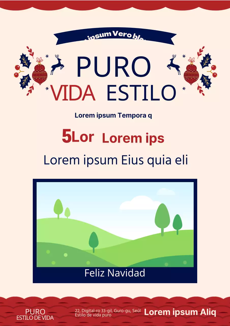 Promocione un evento de aniversario con una ilustración de adornos navideños en marfil y rojo