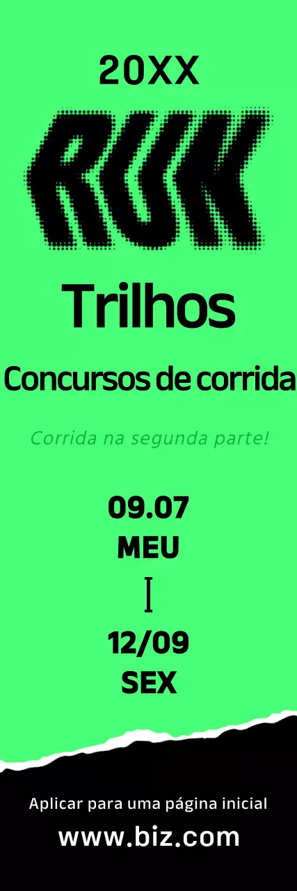 Uma ousada faixa promocional da maratona com texto e ilustrações em verde vivo, preto e branco sobre a corrida.