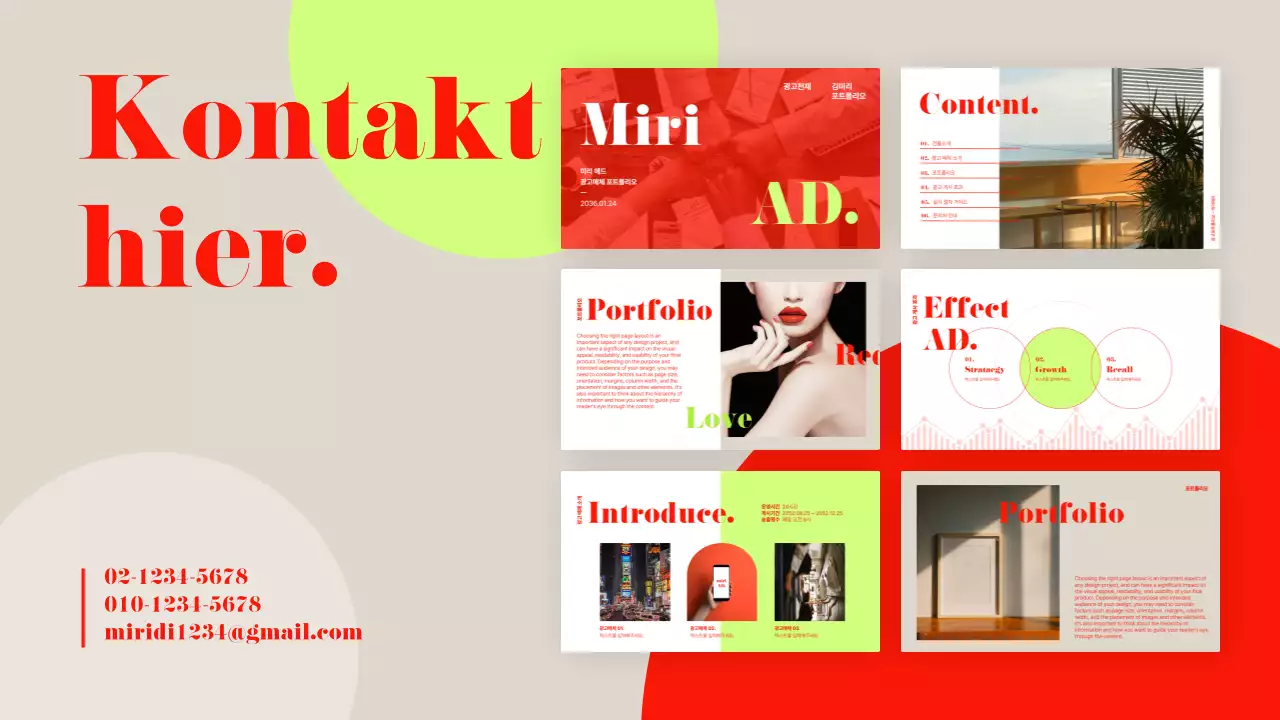 Modern gestaltete Geschäftsanzeige in Rot und Chartreuse