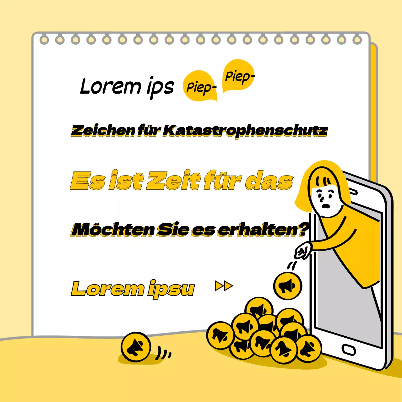 Gelbe, handgezeichnete Illustration eines Textes zum Katastrophenschutz mit Informationen