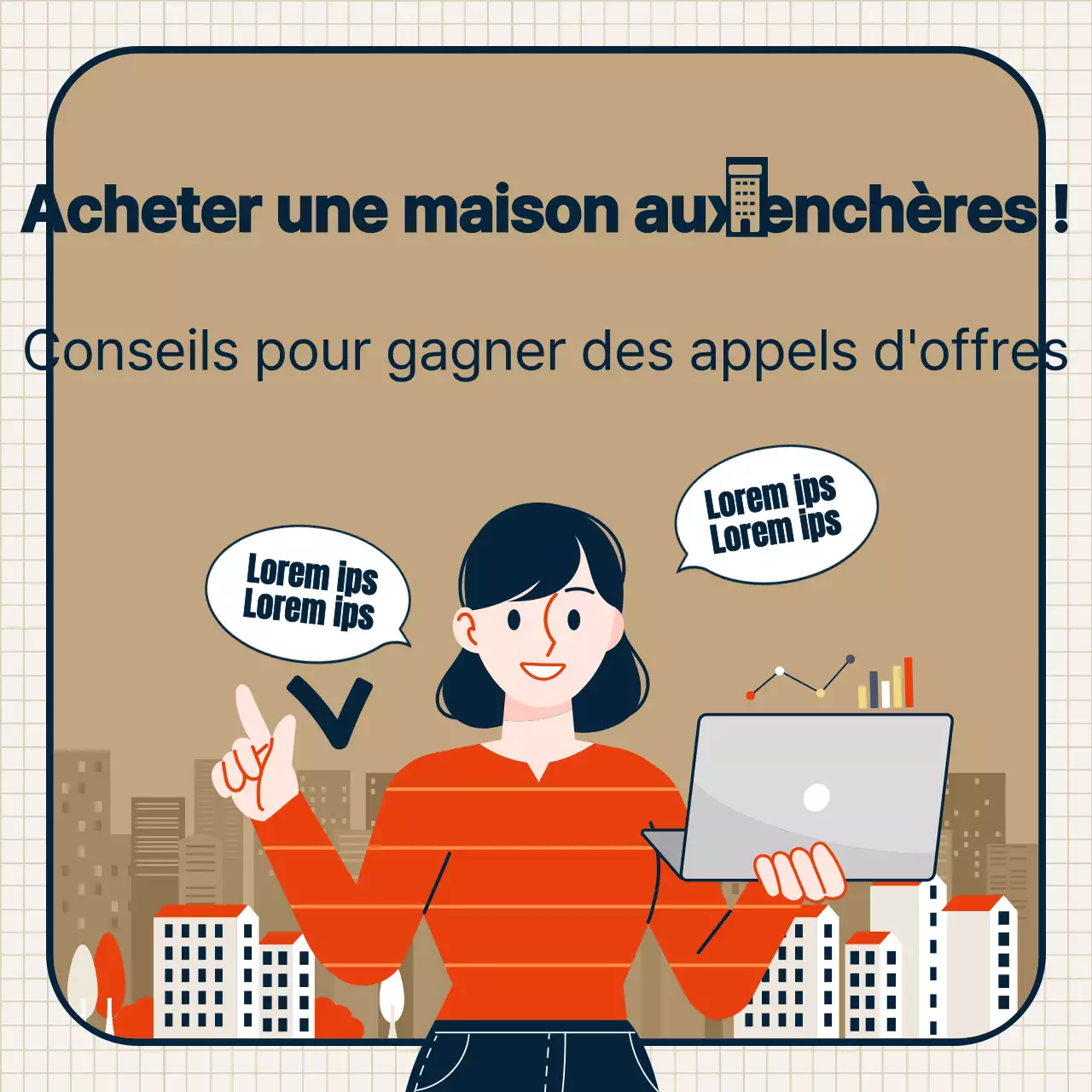 Thème de la vente aux enchères de biens immobiliers avec des illustrations et des combinaisons de cadres propres et de couleur beige