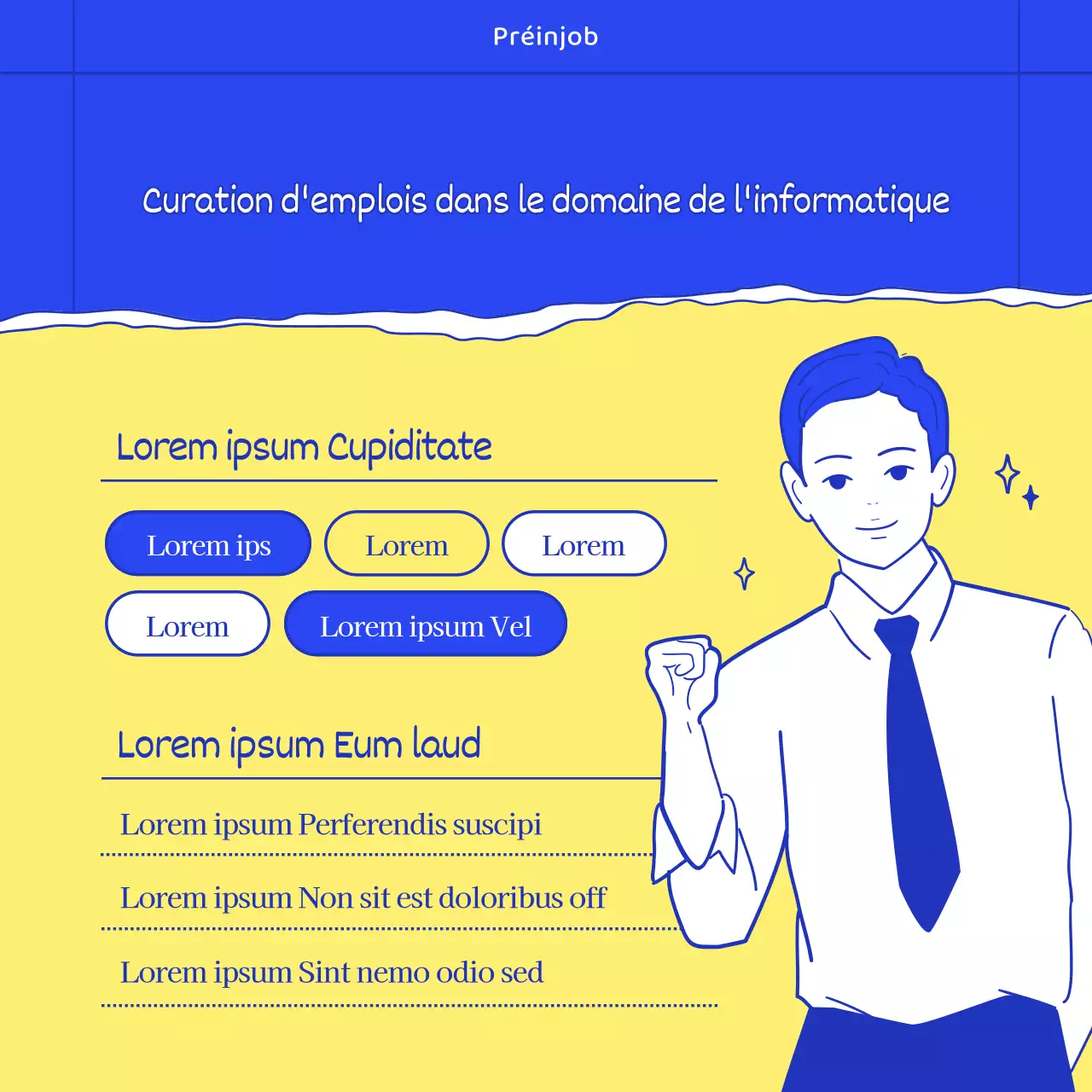 Offres d'emploi pour les entreprises avec des illustrations élégantes et à la mode en bleu et jaune.