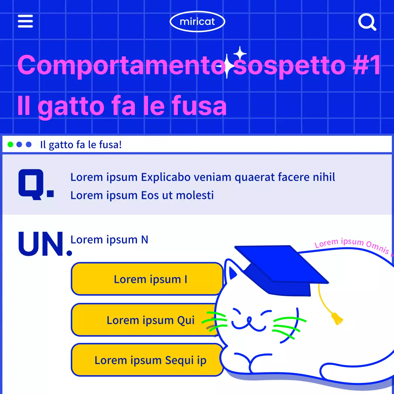 Comunicare informazioni sui gatti con un'atmosfera retrò da internet, con un'illustrazione di gatto bianco su sfondo blu.