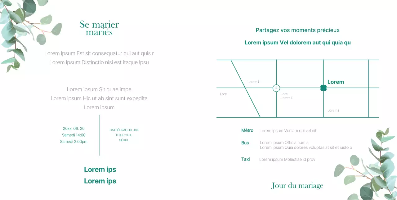 Une invitation de mariage épurée avec une touche de verdure et de bouquets