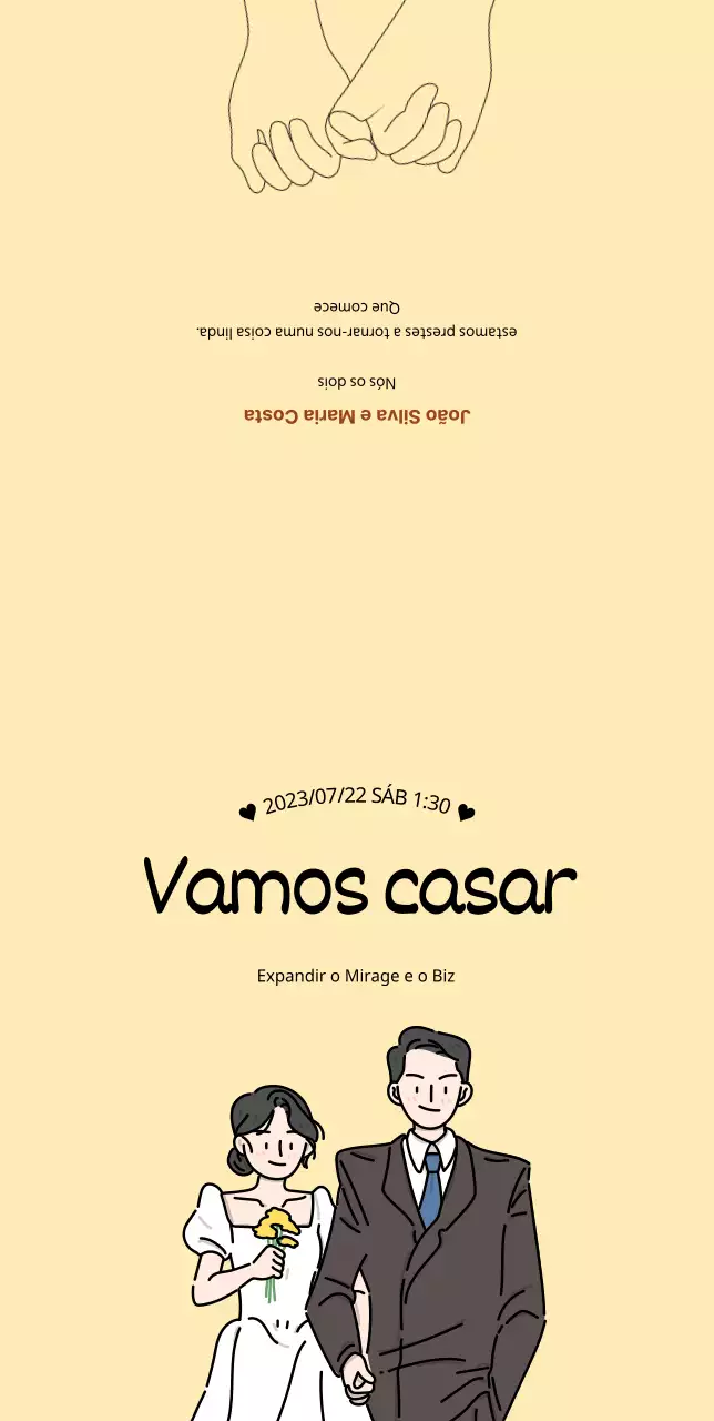Convite de casamento com uma noiva e um noivo bonitos sobre um fundo amarelo
