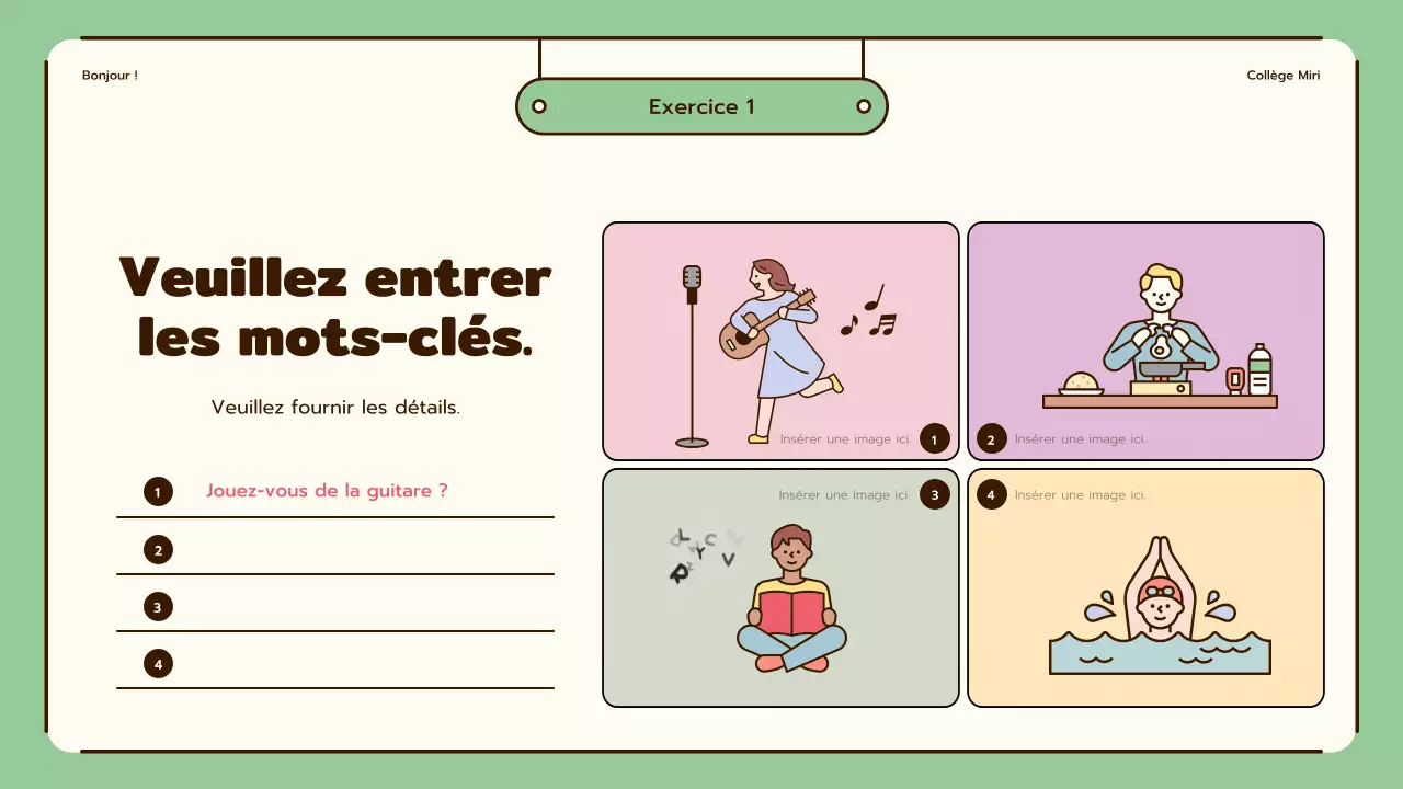 Cours d'anglais mettant en valeur des illustrations mignonnes dans les tons beige et vert