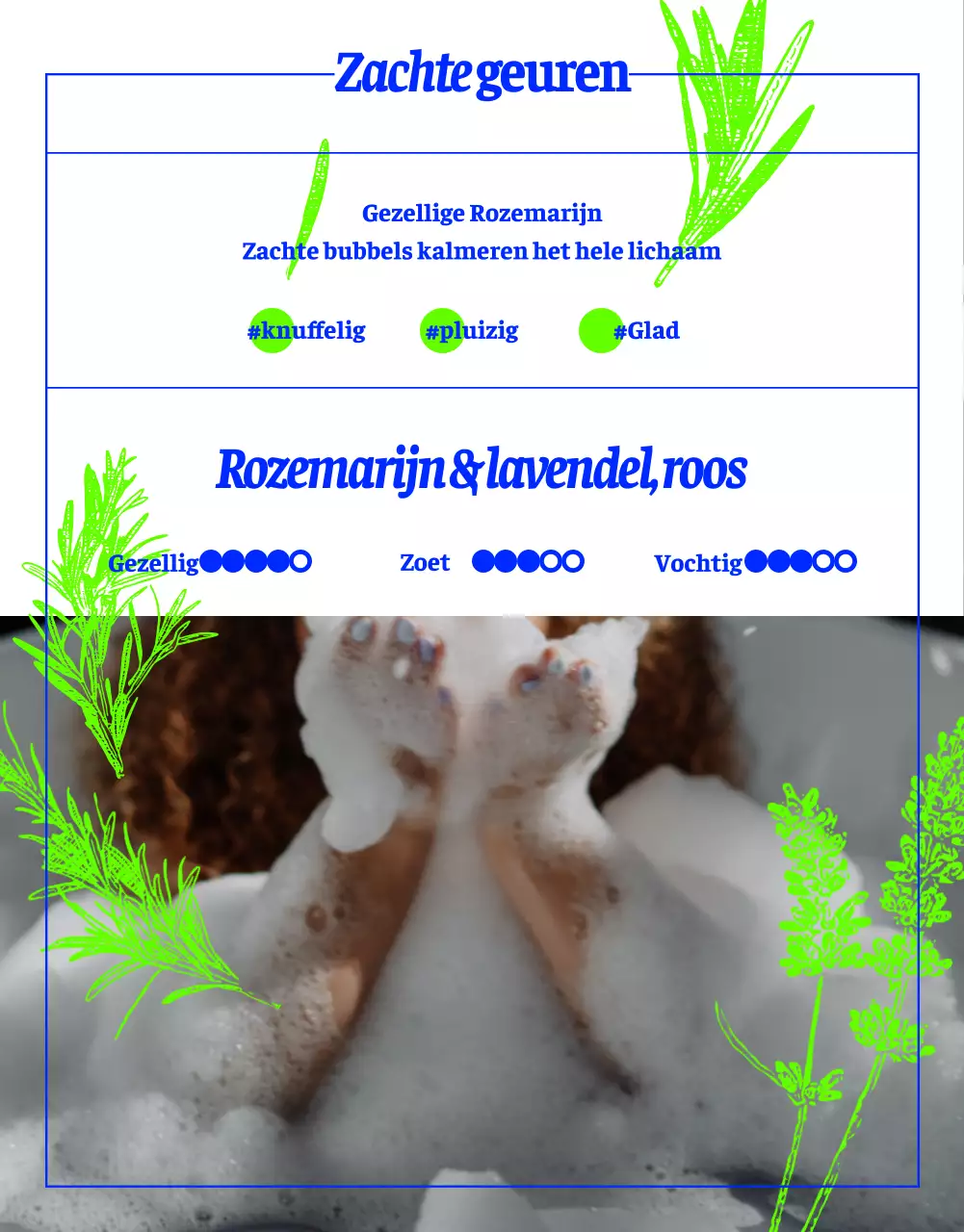 Voornatuurlijk bubbelbad met kruidenlijntekening in neongroen en blauw