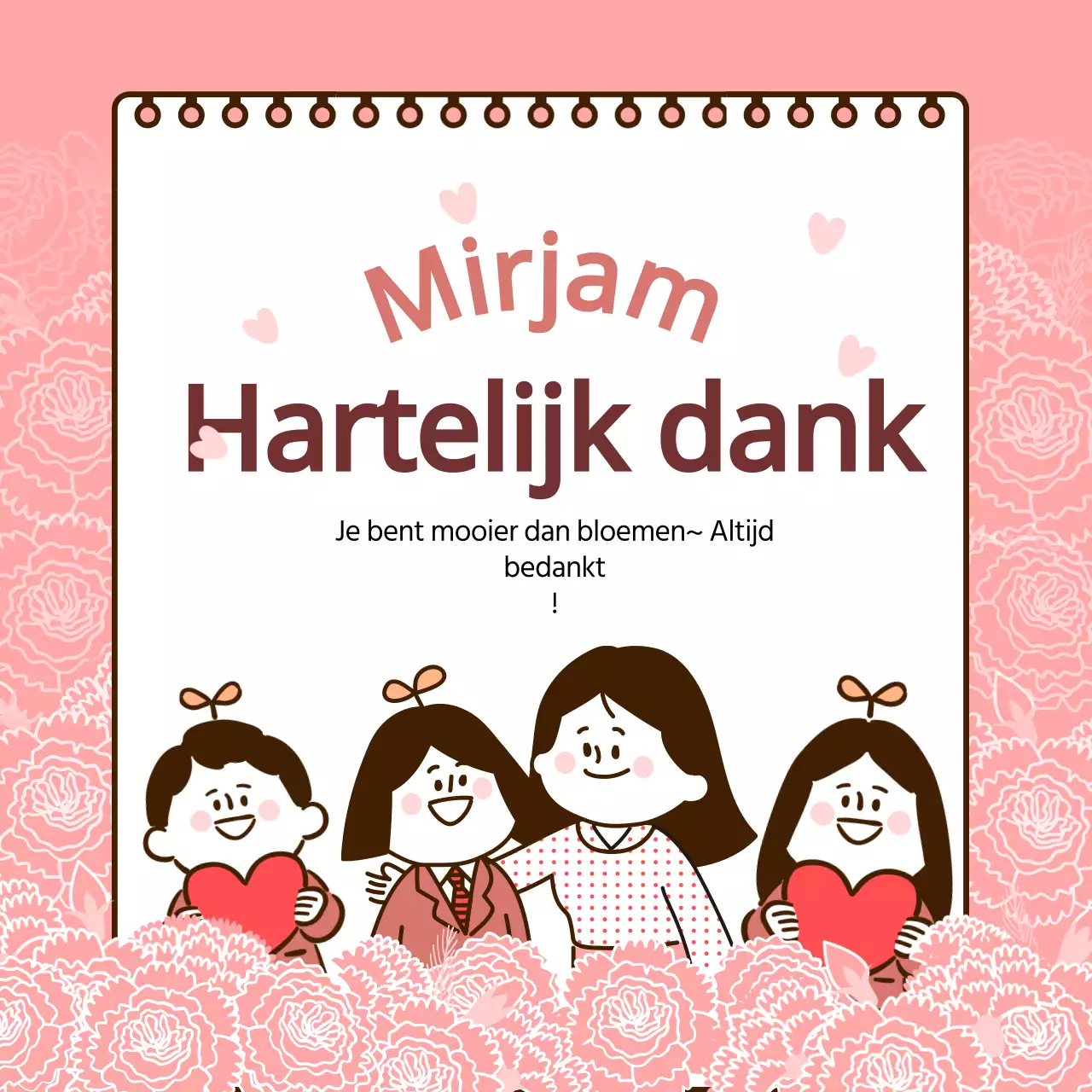 Bedankbriefje thema lerarendag in roze en bruin schattig geïllustreerd briefje thema