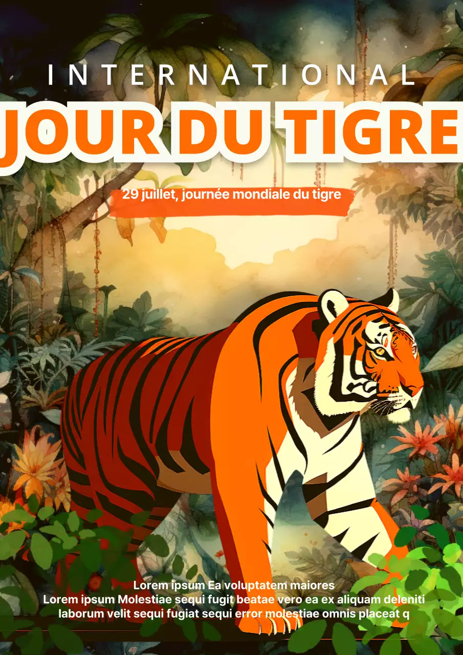 Illustration d'un tigre orange pour la publicité Brave Tiger Day