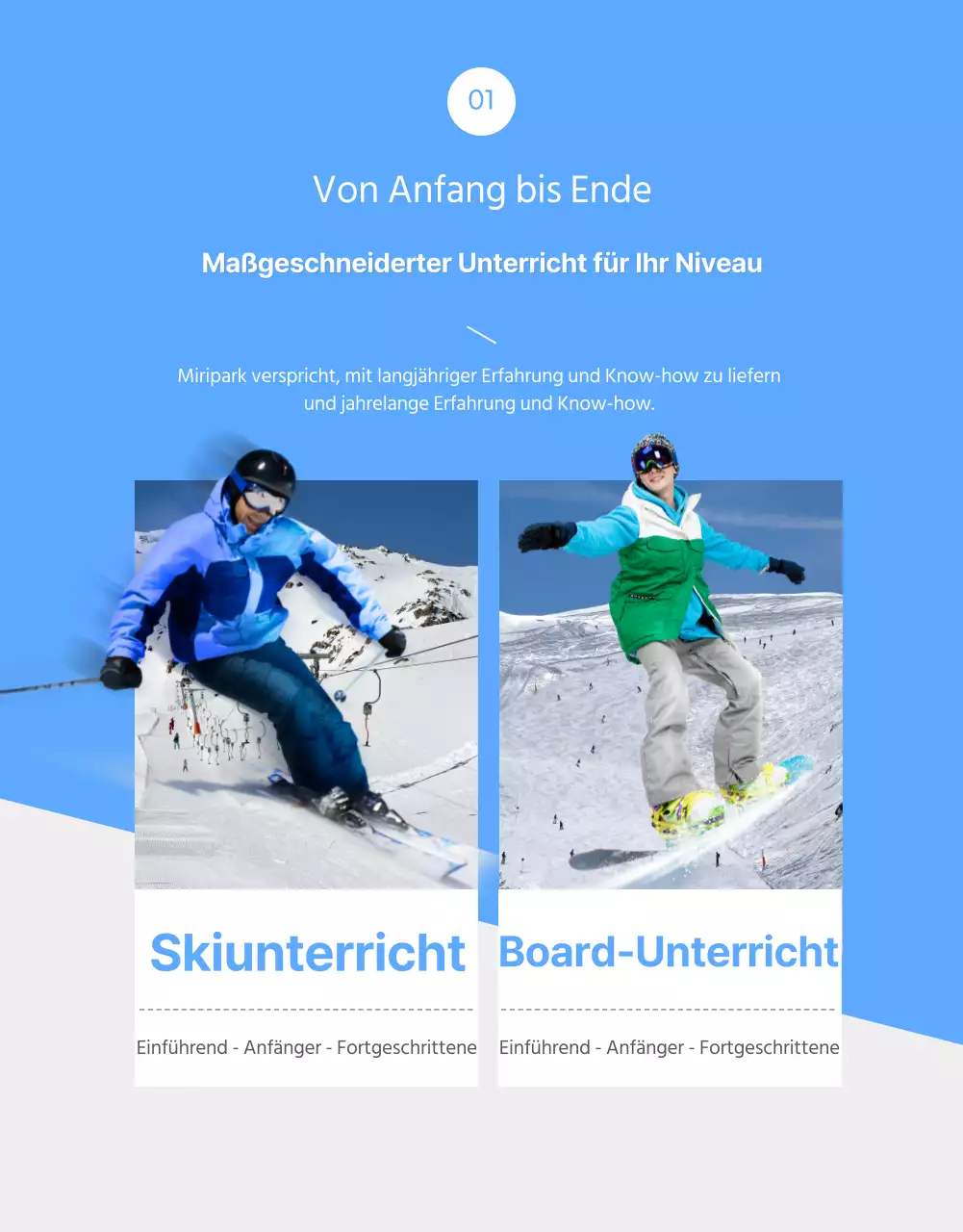 Eine einfache weiß-blaue Skilehrer-Detailseite