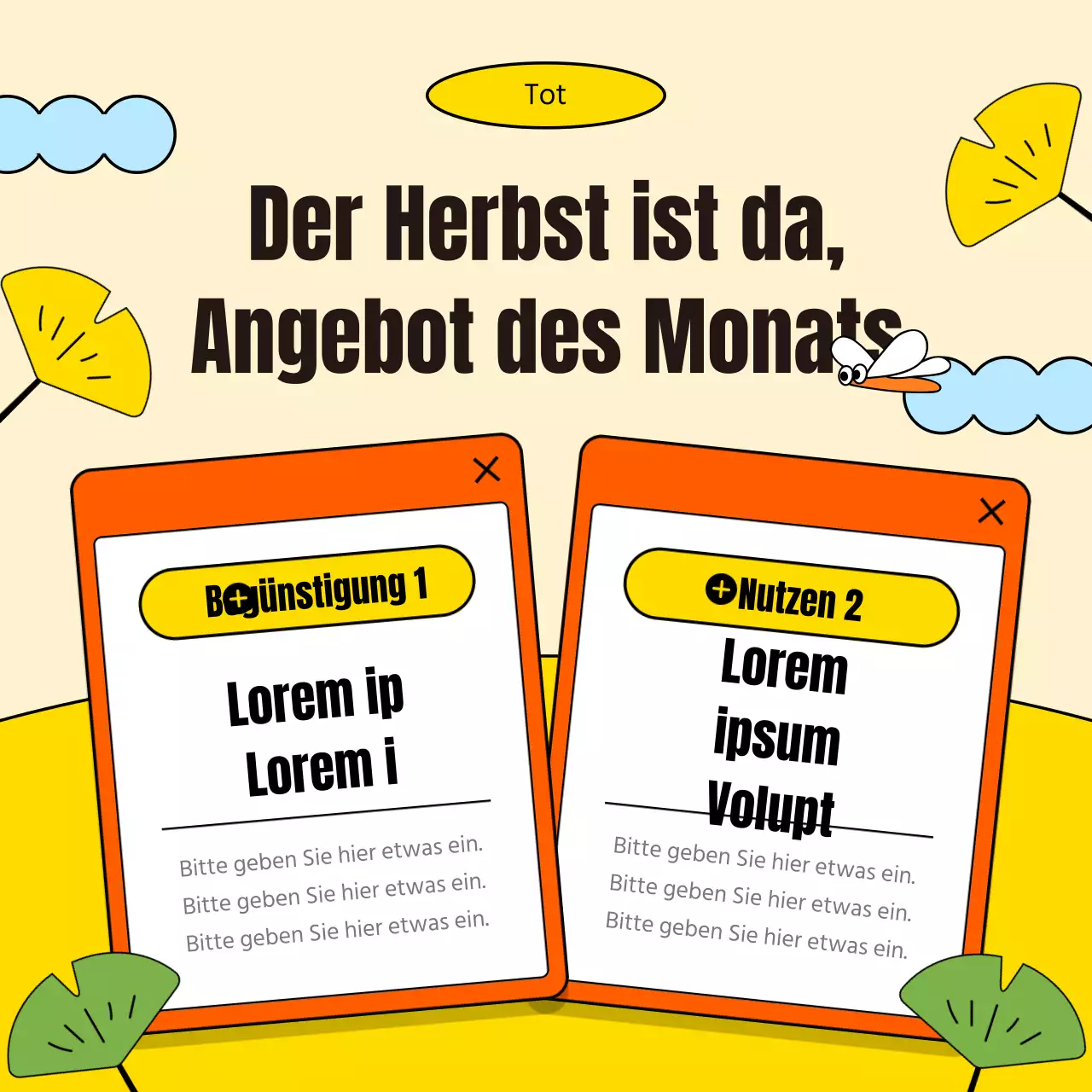 Werbung für eine einfache Herbstveranstaltung im Einkaufszentrum in Orange und Gelb