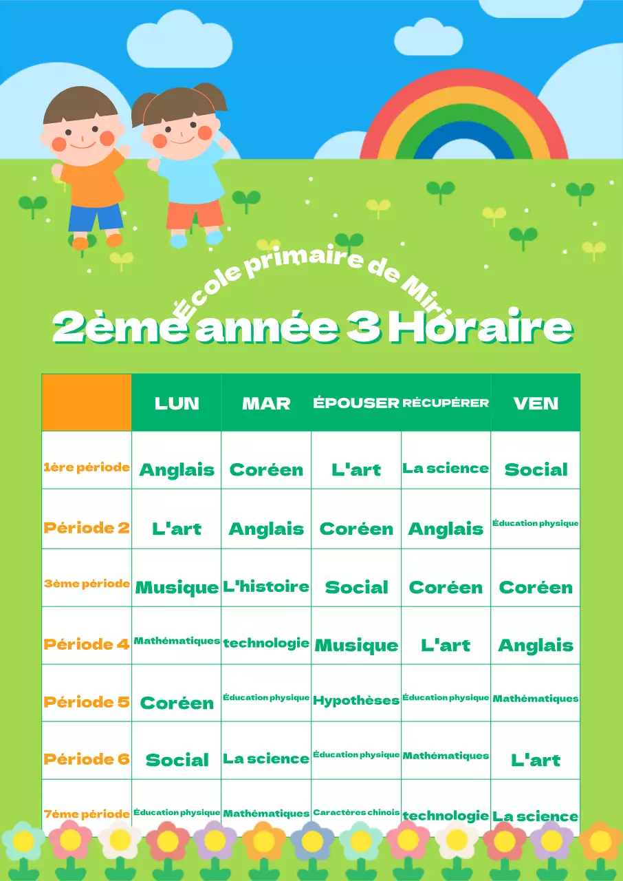 Une salle de classe d'école primaire avec un champ de fleurs vert citron luxuriant et un fond arc-en-ciel, agrémenté de mignons personnages d'enfants.