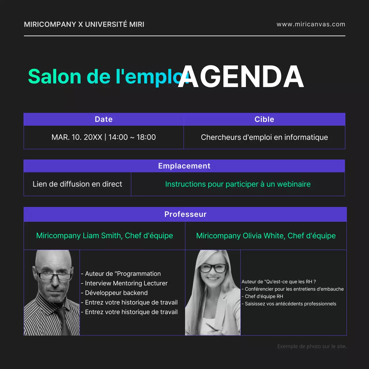 Un salon de l'emploi en ligne pour un développeur informatique, avec une ambiance citadine, des formes géométriques en noir et des couleurs néon.