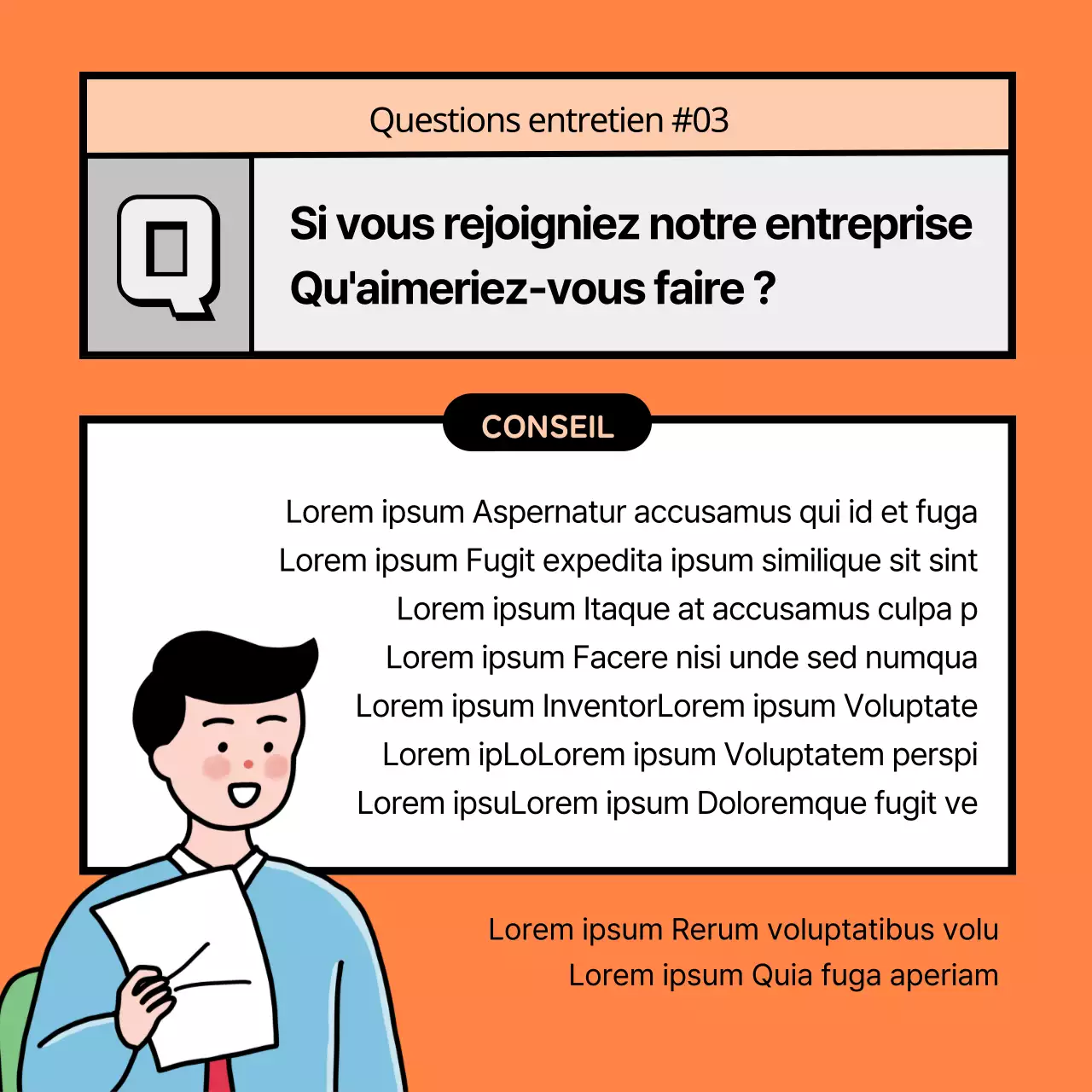 Conseils orange et noir pour des questions d'entretien anticipées et des réponses types