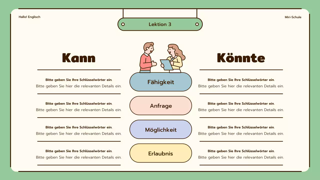 Englischunterricht mit niedlichen Illustrationen in Beige und Grün