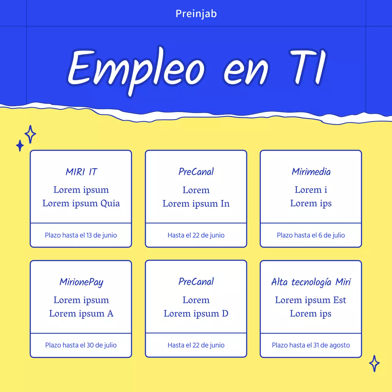 Ofertas de empleo corporativas con ilustraciones elegantes y a la moda en azul y amarillo.