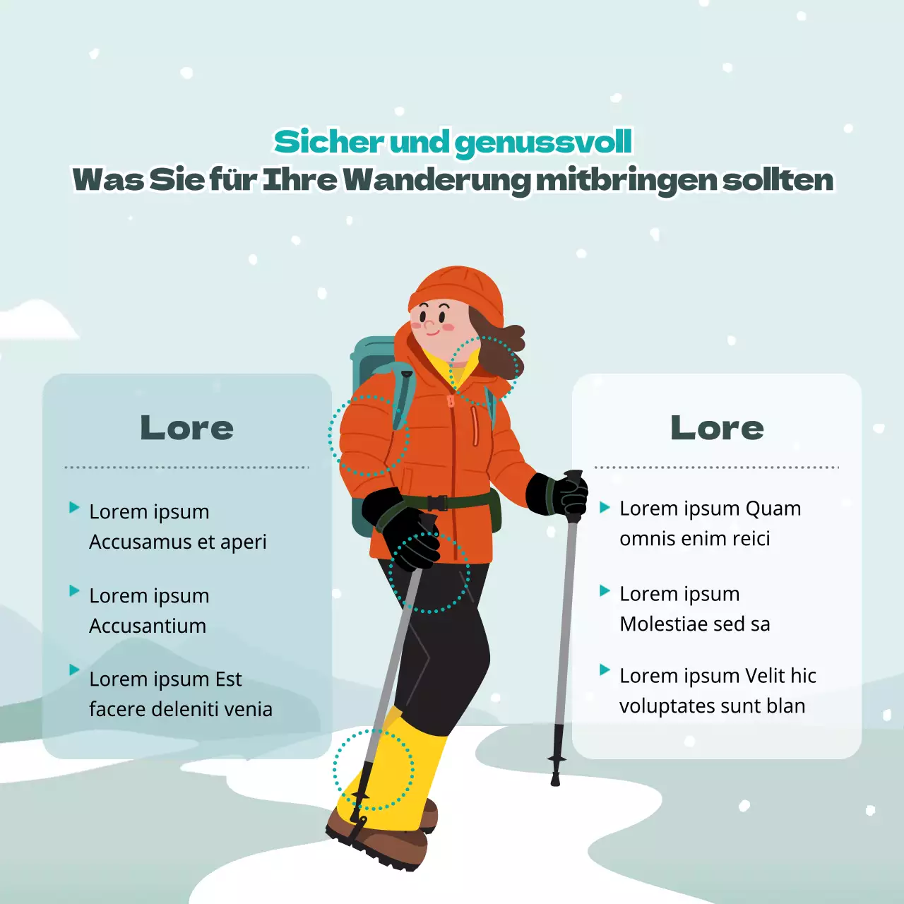 Niedliche Illustrationen in Hellblau und Grün Sicherheitstipps für den Winter in den Bergen