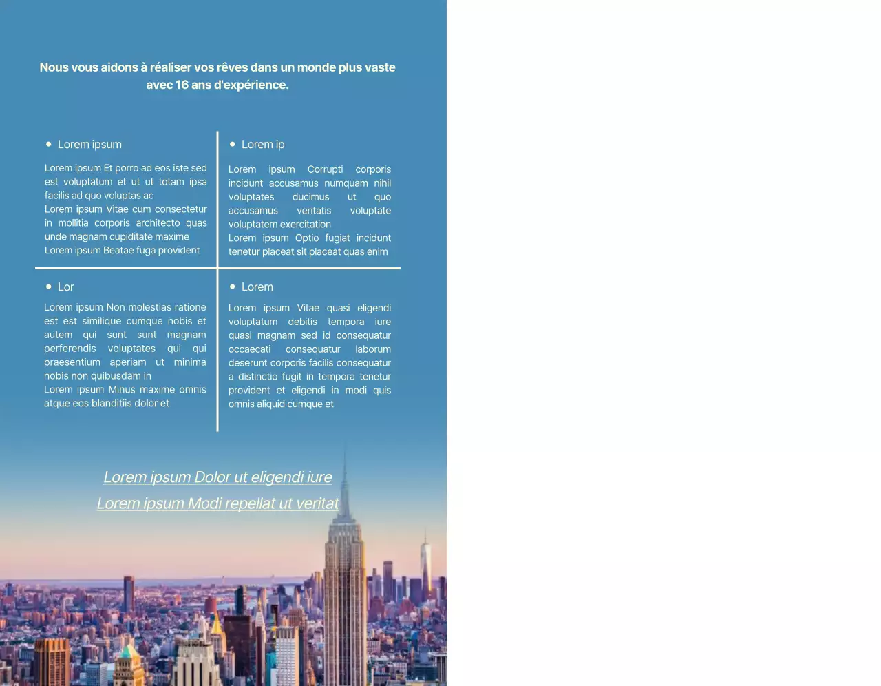 Promotion d'une école de langues avec des photos bleues et jaunes de paysages étrangers