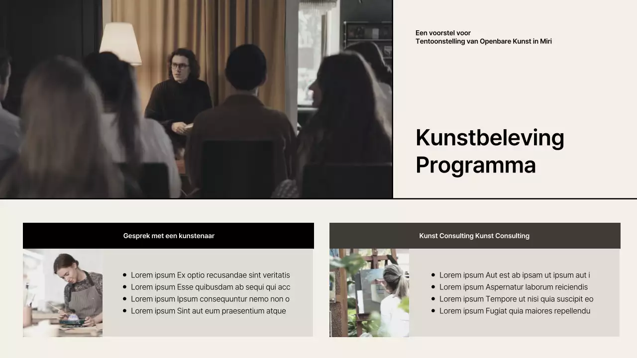 Tentoonstellingsvoorstel met beige-zwarte rasteraccenten