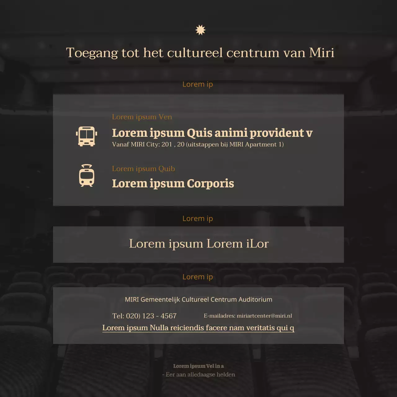 Een strakke aankondiging van een orkestconcert in een schreeflettertype met luxueuze beige en donkergroene tinten