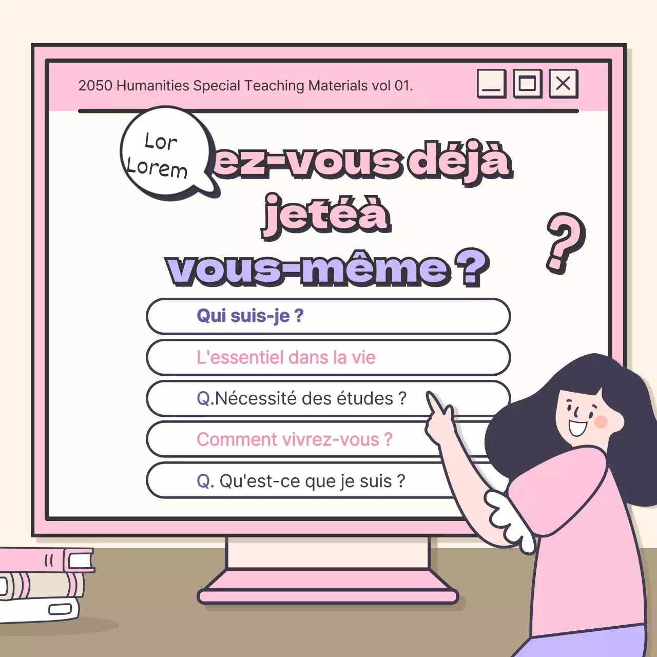 Un joli concept pour un cours de sciences humaines avec des accents roses et violets.