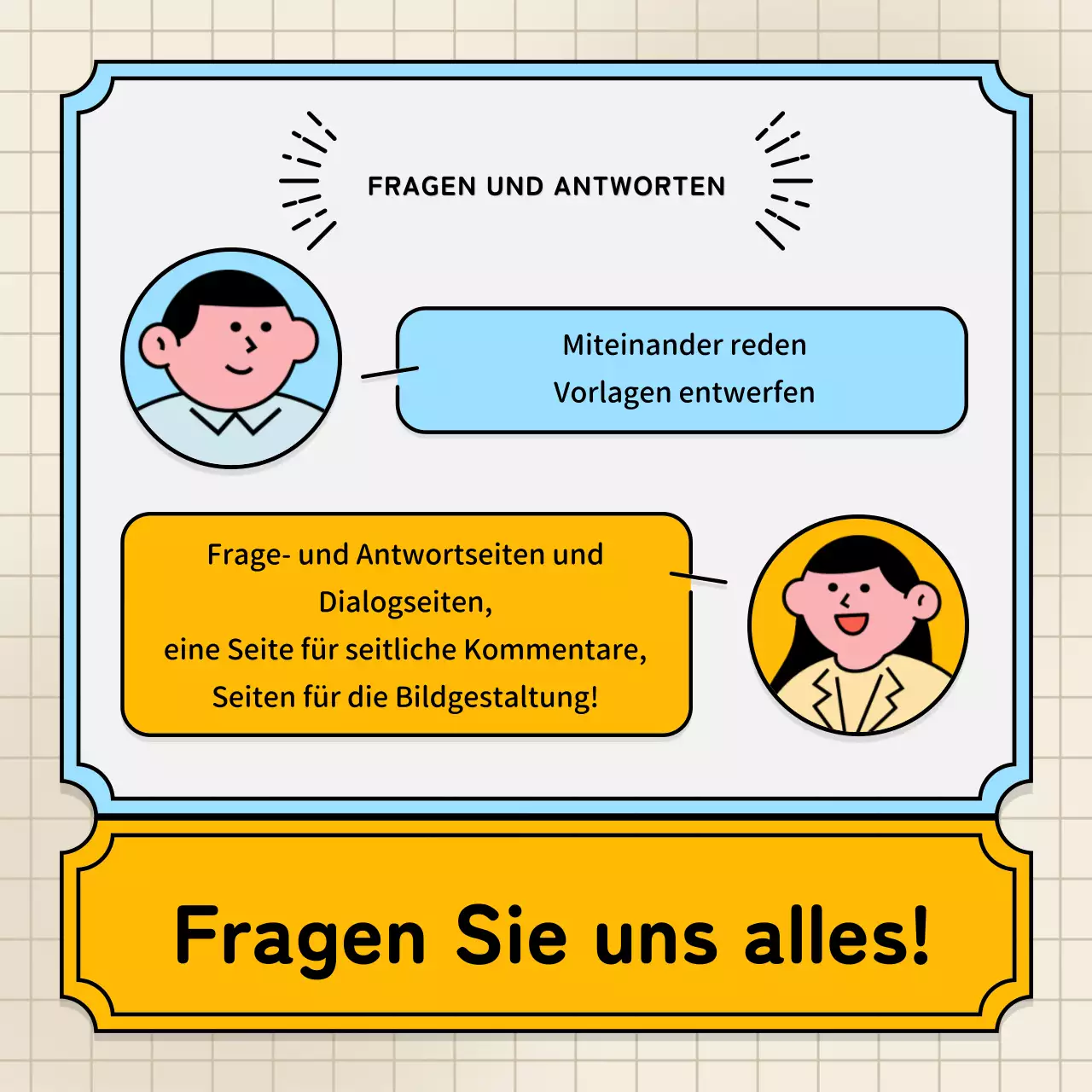 Hellblaue und gelbe Sprechblasen und niedlicher Illustrationsstil