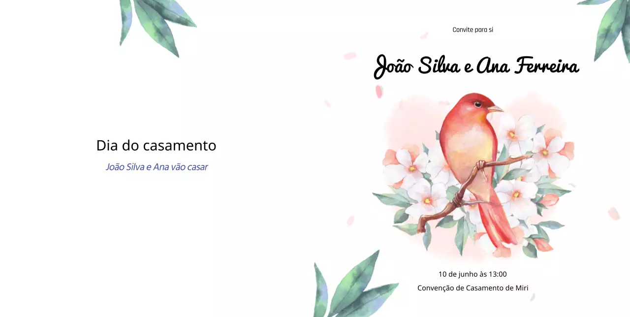 Convite de casamento com flores de amor em tons de rosa e papagaios
