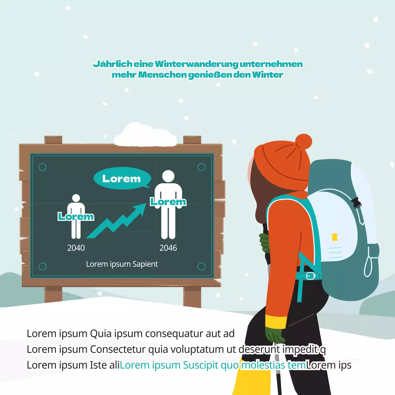 Niedliche Illustrationen in Hellblau und Grün Sicherheitstipps für den Winter in den Bergen