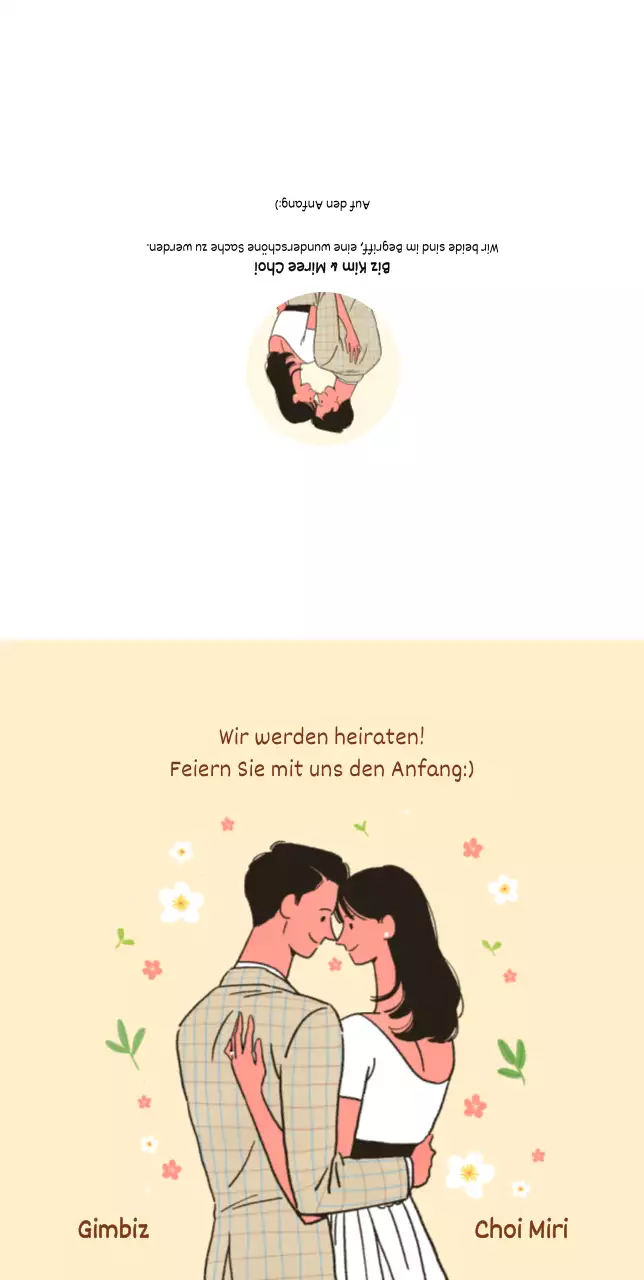 Braut und Bräutigam Hochzeitseinladungen einander gegenüber auf einem hellgelben Hintergrund