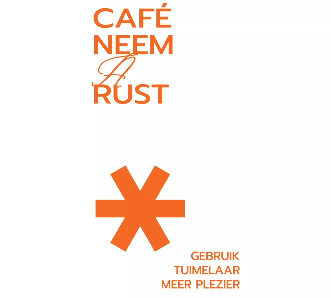 Cafe merchandise en promotieartikelen met het cafe logo en de bedrijfsnaam in oranje.
