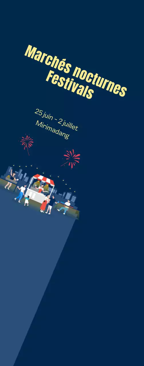 Promotion d'un marché nocturne avec feux d'artifice sur fond bleu marine Moyen