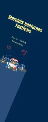 Promotion d'un marché nocturne avec feux d'artifice sur fond bleu marine Moyen