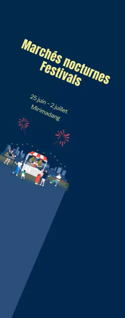 Promotion d'un marché nocturne avec feux d'artifice sur fond bleu marine Moyen