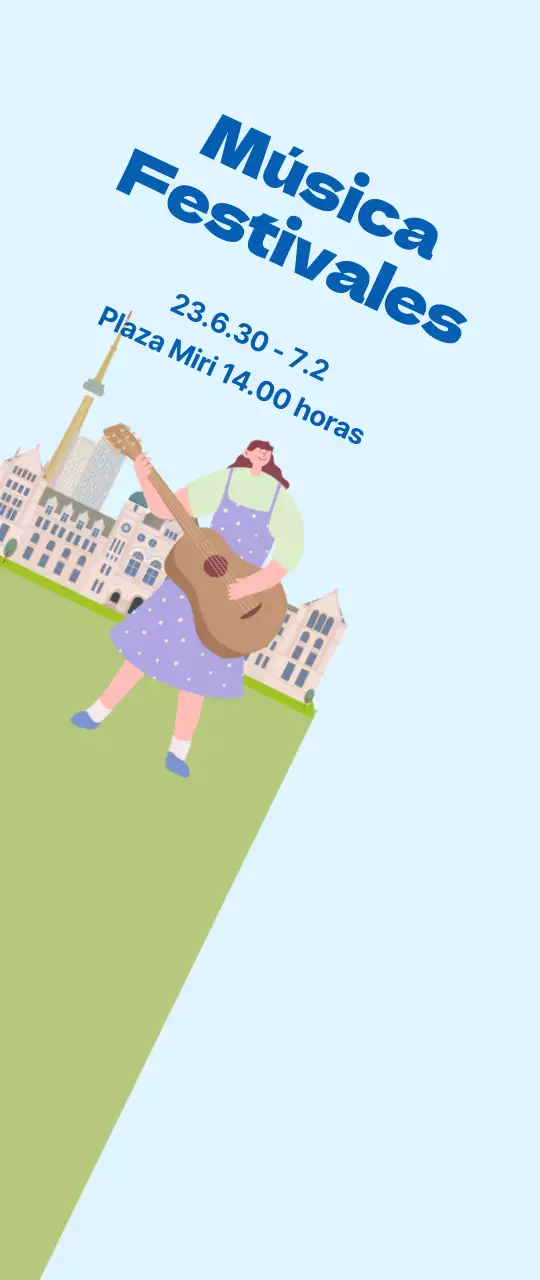 Pequeña promoción de festival de música sobre fondo azul claro, hierba verde