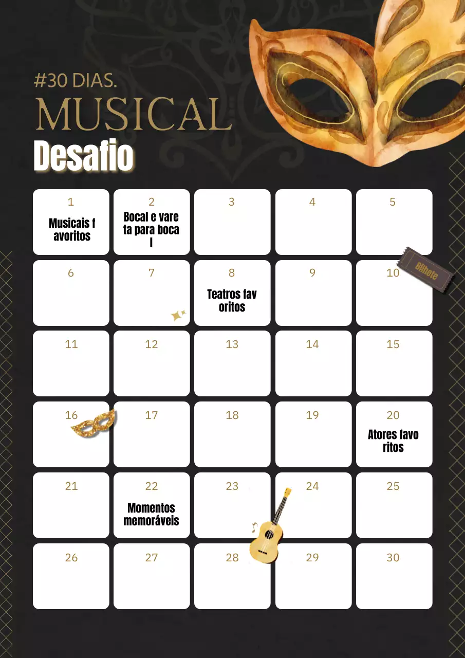 Cartaz de desafio de 30 dias musical clássico em castanho