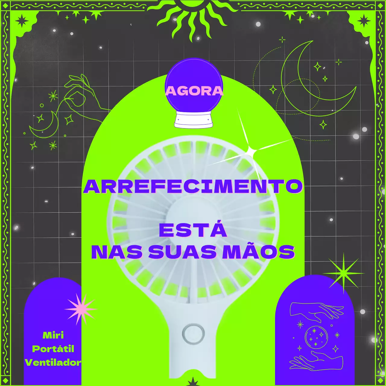 Promover um faz-tudo verde-azul néon com o tema do tarô